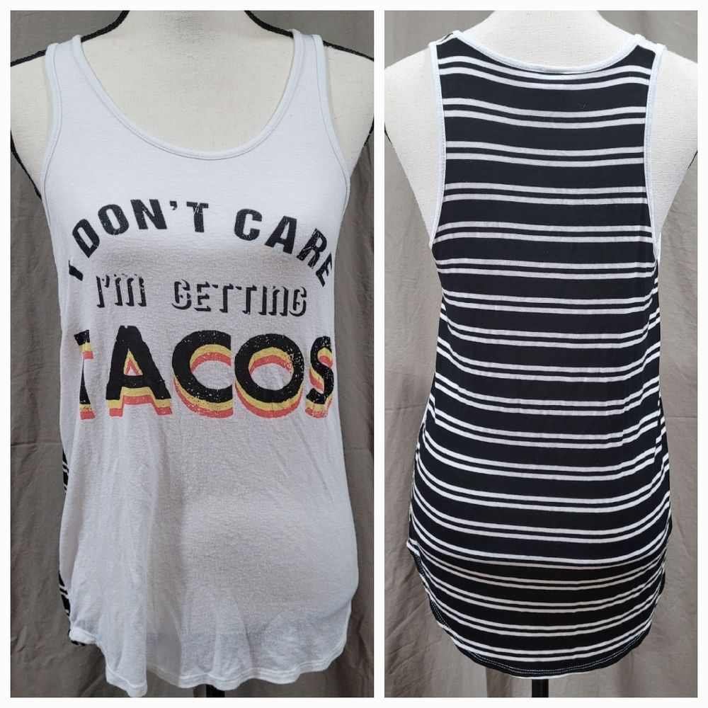 Colorbear size medium I don't care I'm getting tacos white stripped tank